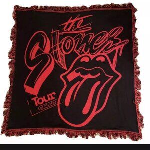 Rolling Stones Tour Black Red Fringe Throw Blanket Cotton 48 x 48